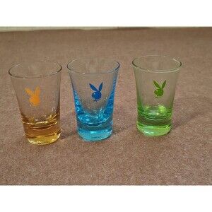 Playboy Shot Glasses Flared Set Of 3 Blue Orange Green Vtg Rare
